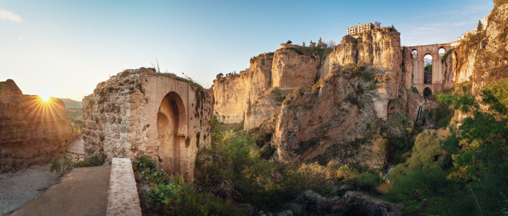 Panoramic view of Ronda Puente Nuevo Bridge at sunset - Ronda, Malaga Province, Andalusia, Spain