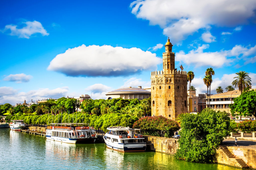 Golden tower (Torre del Oro) along the Guadalquivir river, Seville (Andalusia), Spain.