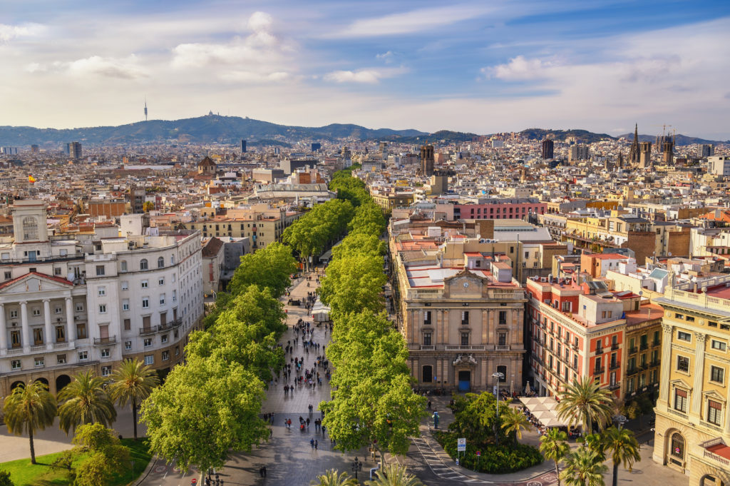 Barcelona Spain, high angle view city skyline at La Rambla street