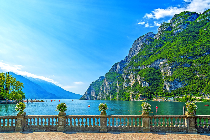 Riva del Garda, Trentino, Italy, by Garda lake, flowers decoration the promenade