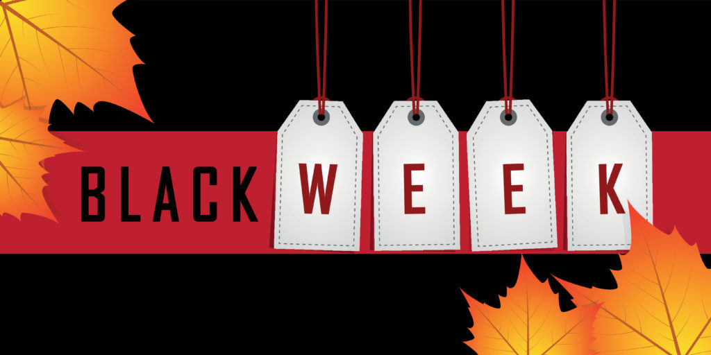 black week promotion hanging label on red background with autumn leaves vector illustration EPS10