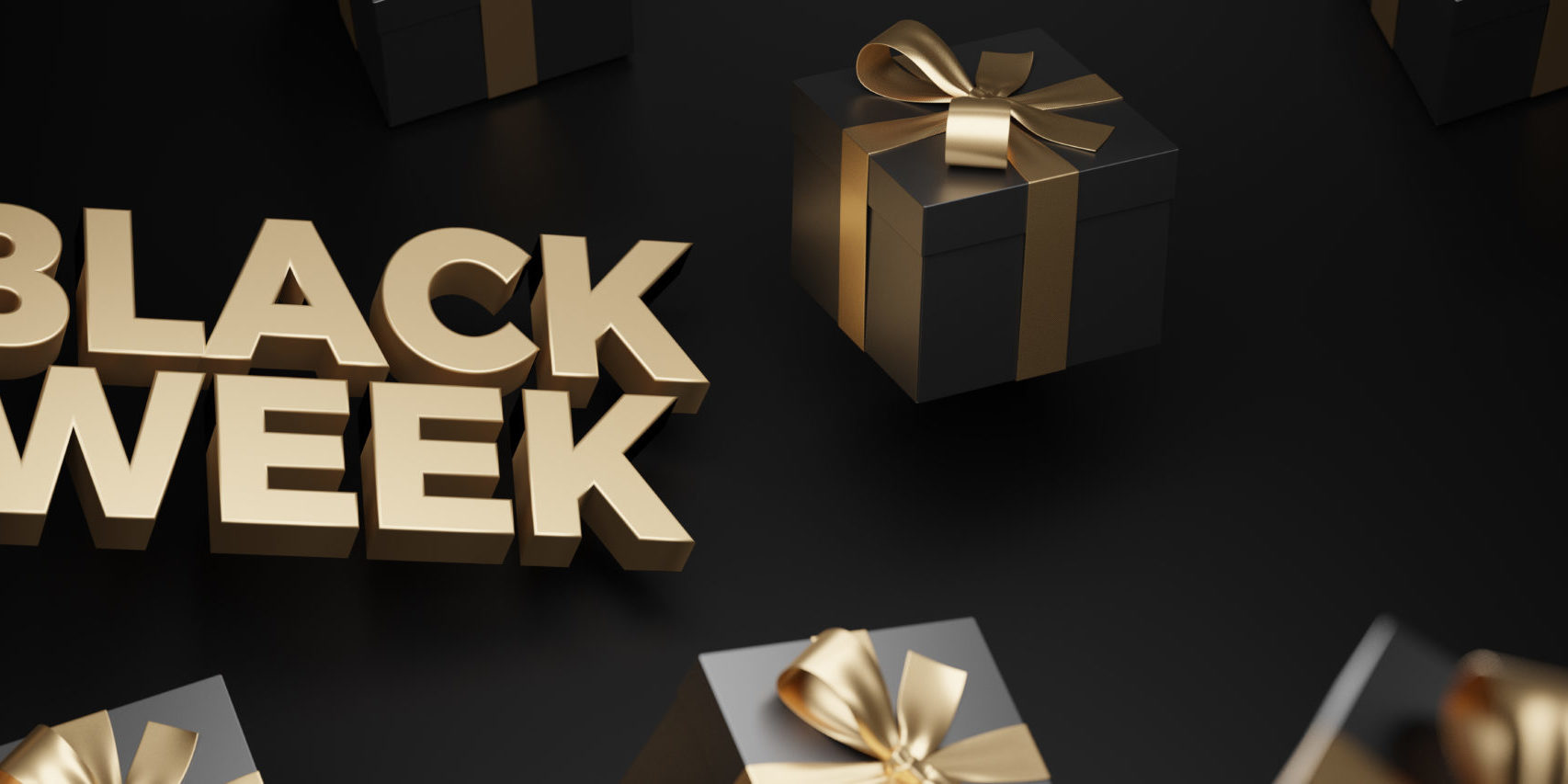 3d rendering of Black Week Super Sale. Realistic black gifts box